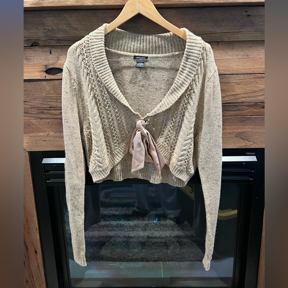 BOGO Eyeshadow Brown/Tan Cropped Long Sleeve Cardigan w/Satin Bow Size 2X - Picture 1 of 5